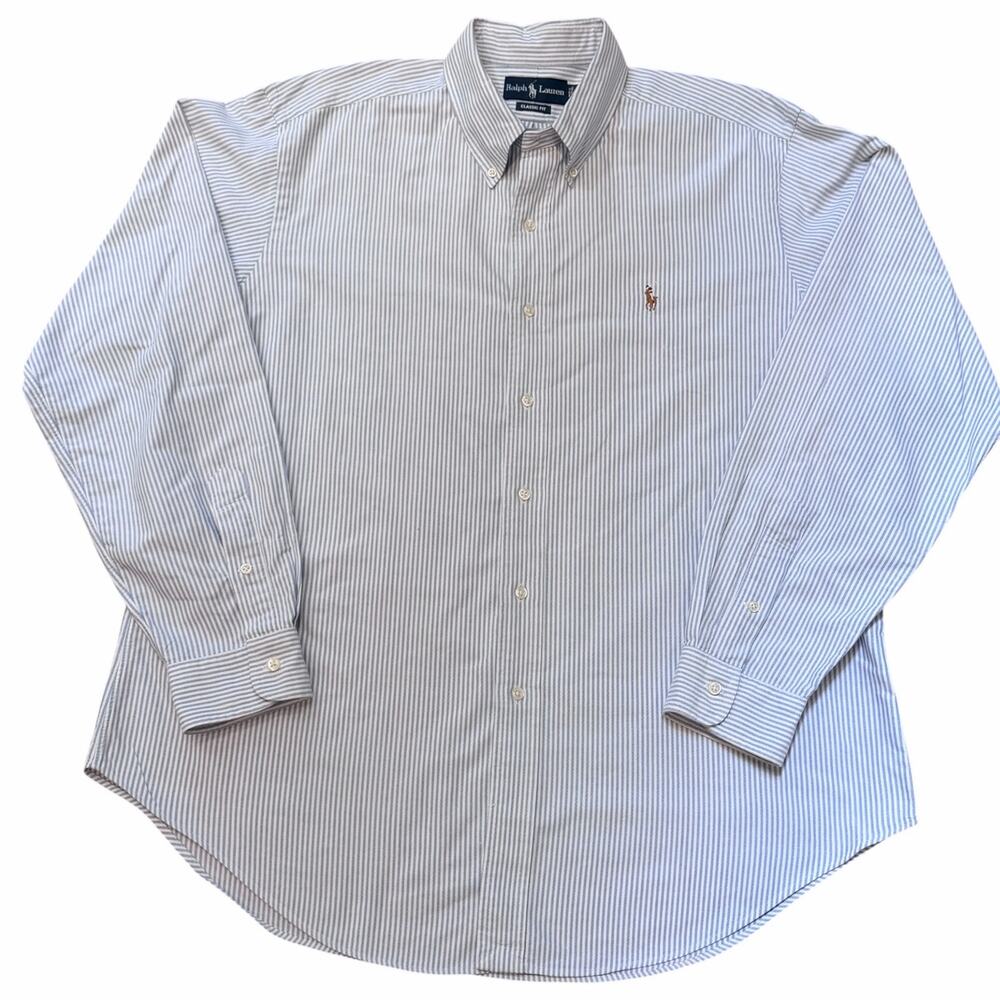 Polo Ralph Lauren Oxford Classic Fit Shirt Blue & White Stripes Men's XL Vintage